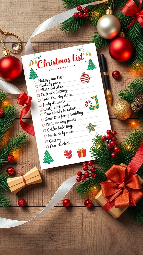 A creative Christmas list with colorful decorations and handwritten notes on a wooden table with holiday decor.